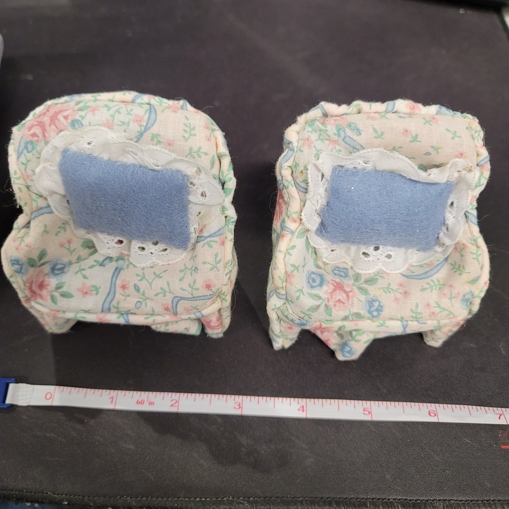Mini Dollhouse Floral Cloth Covered Pair of Chairs with Pillows